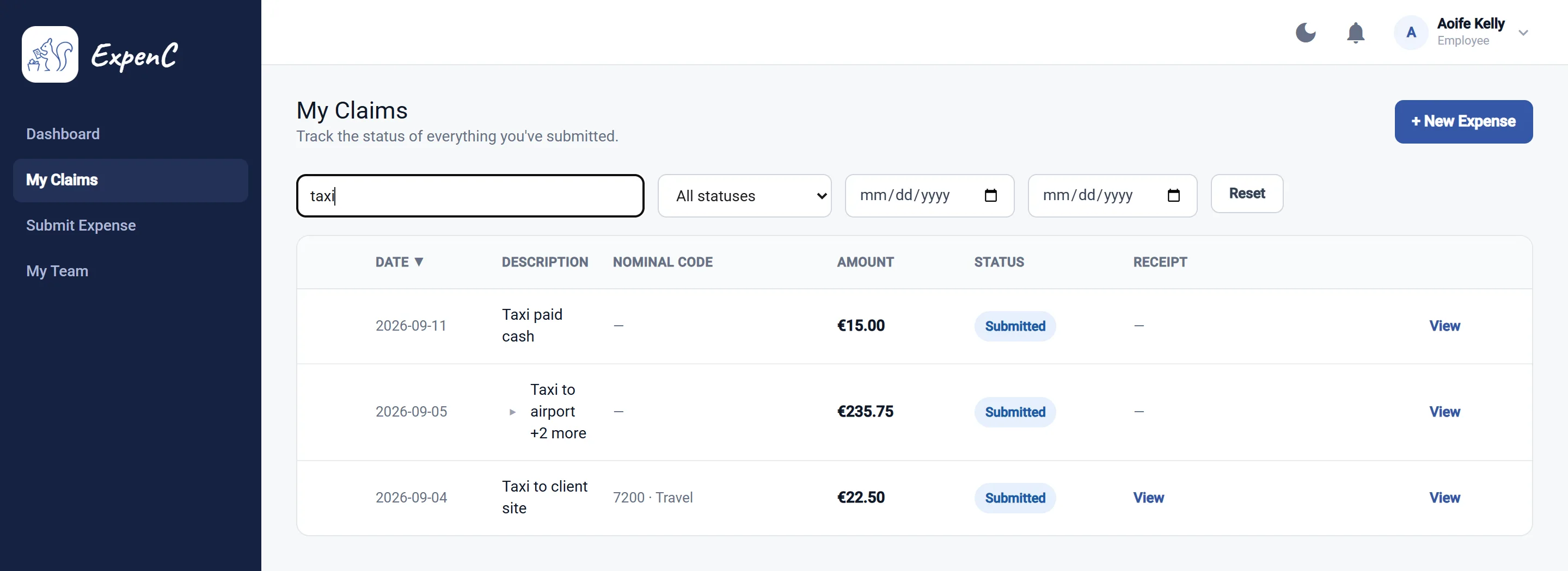 ExpenC My Claims screen showing claim status and amounts